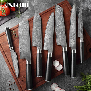 XITUO Kitchen Knives-Set Damascus Steel VG10 Chef Knife Cleaver Paring  Bread Knife Blue Resin and Color Wood Handle 1-7PCS set